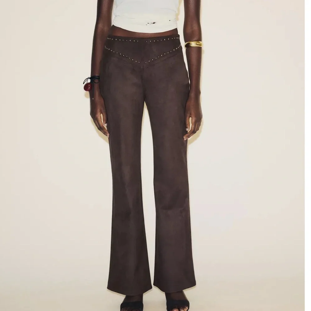 Zara NWT brown studded faux suede embellished pants